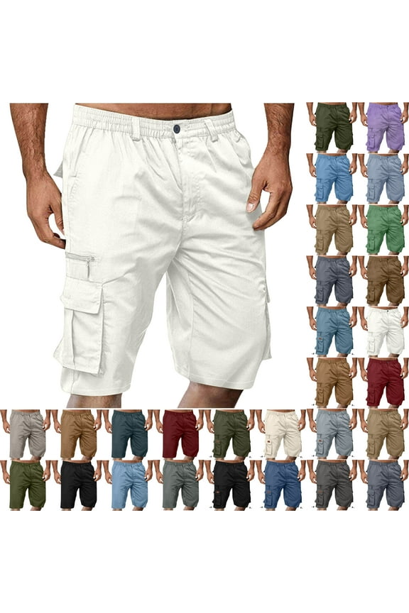Shorts Men Cargo Shorts for Men Solid Colos Elastic Waist Straight-Leg Shorts Button Zipper Knee Length Cargo Pants With Multiple Pocket Straight Button Relaxed Fit Elastic Waist Pocket Work Shorts