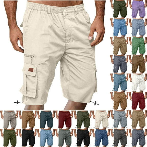 Shorts Men Cargo Shorts for Men Solid Colos Elastic Waist Straight-Leg Shorts Button Zipper Knee Length Cargo Pants With Multiple Pocket Straight Button Relaxed Fit Elastic Waist Pocket Work Shorts