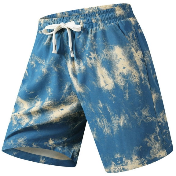 Shorts Men Casual Shorts Loose Fit Straight Leg Tie Dye Elastic Waist Breathable Light Blue XL