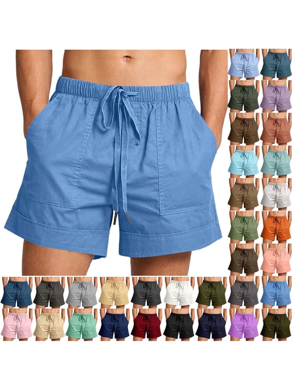 Shorts for Men Linen Casual Shorts Solid Color Mens Shorts with Pockets Pull Rope Mens Shorts Elastic Waist Beach Mens Shorts Athletic Mens Shorts Under $10 Sky Blue ,M