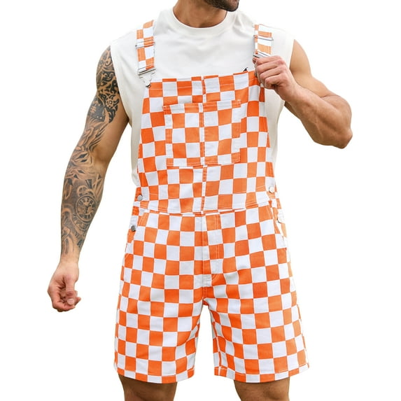 Shorts Overalls for Men Checkered Rompers Work Jumpsuits Stretchy Bibs Coveralls(Orange and White Checkered,S)