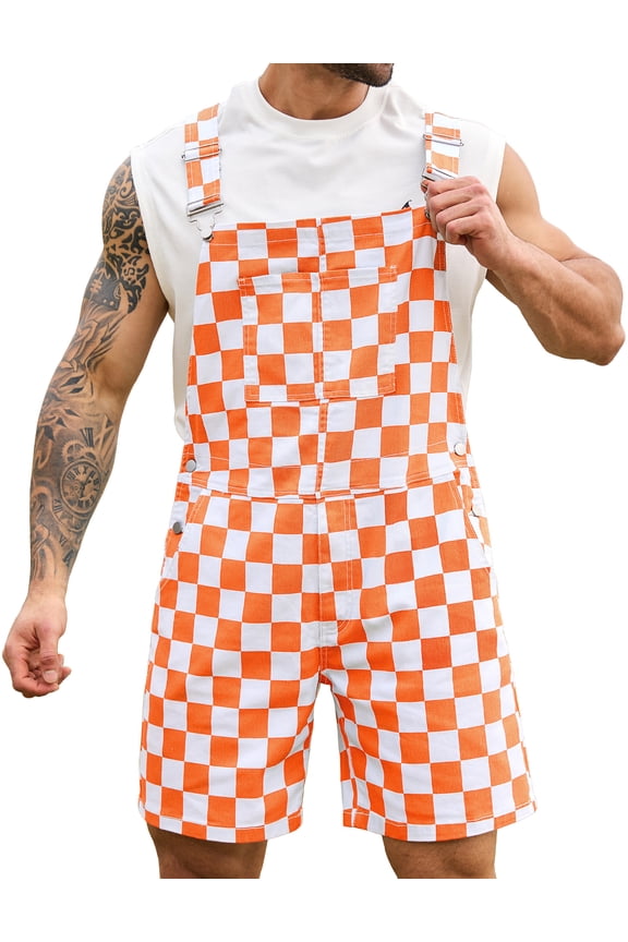 Shorts Overalls for Men Checkered Rompers Work Jumpsuits Stretchy Bibs Coveralls(Orange and White Checkered,L)