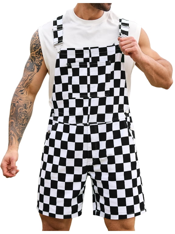 Shorts Overalls for Men Checkered Rompers Work Jumpsuits Stretchy Bibs Coveralls(Black and White Checkered,S)
