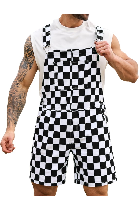 Shorts Overalls for Men Checkered Rompers Work Jumpsuits Stretchy Bibs Coveralls(Black and White Checkered,2XL)