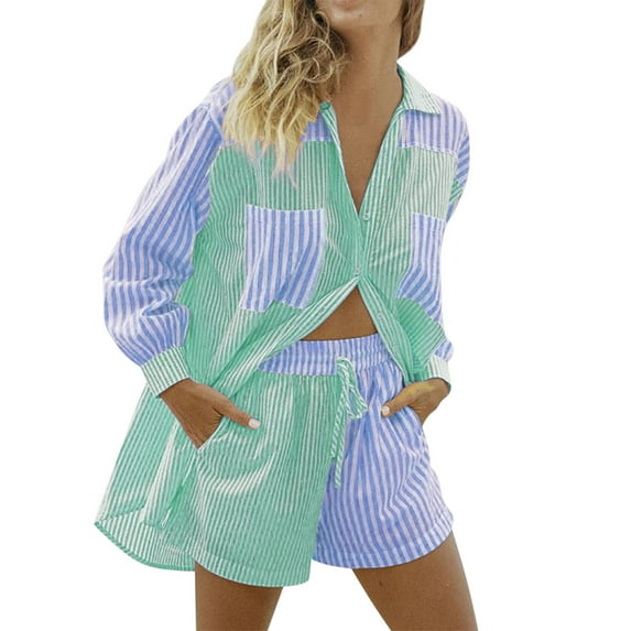 Shorts Sets For Women Long Sleeve Striped Color Matching Pocket Lapel Shirt Shorts Casual Suit Womens Summer Outfits Green L