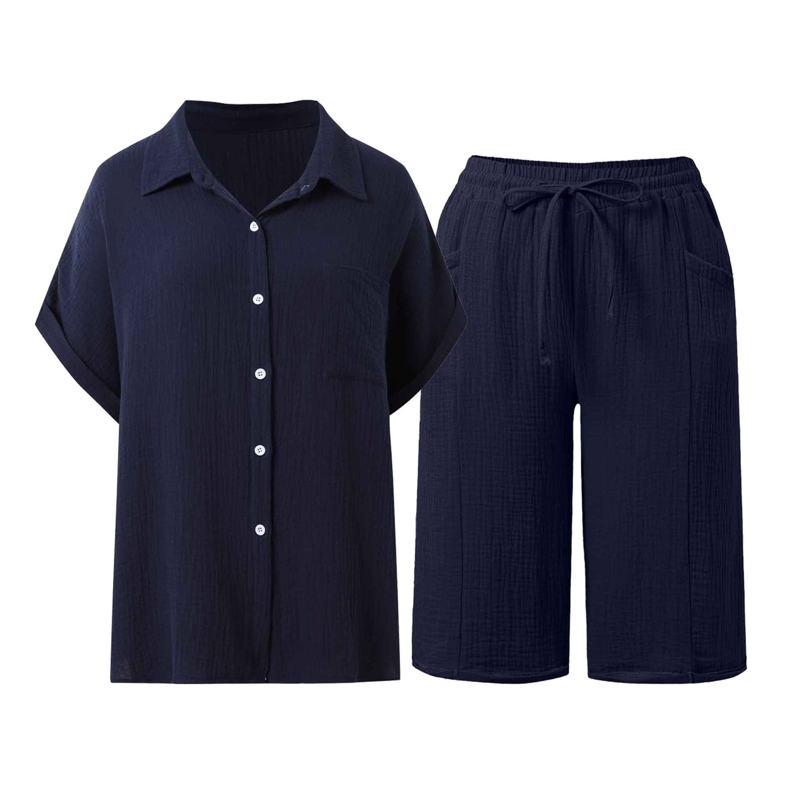 Lapel Button Short Sleeve Shirt And High Waist Shorts Set main image 0