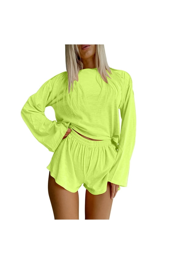 Comfy Shorts Sets Womens 2 Piece Long Sleeve Tops and Shorts Sleepwear Homewear Lounge Outfits for Spring Fall Summer,Green,M