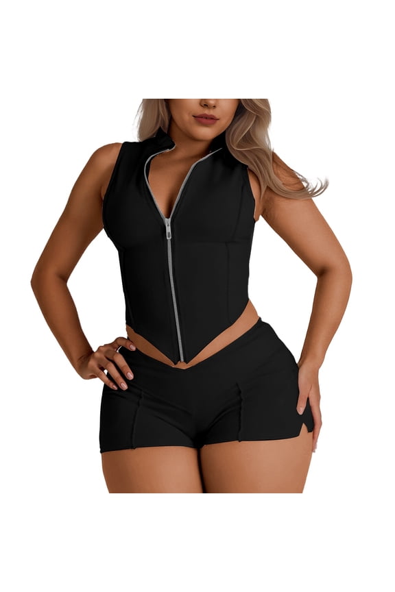 Shorts Sets Women 2 Piece Outfits Club Outfits for Women Zip Up Crop Tank Tops and Shorts Sets