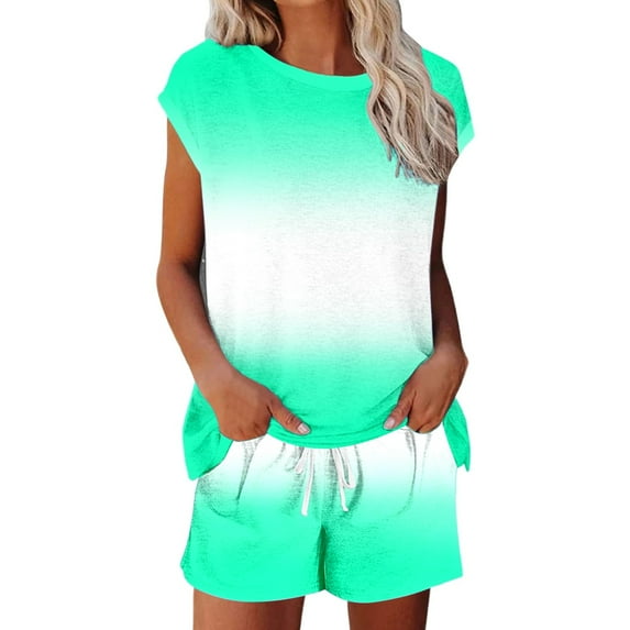 Shorts Sets Women 2 Piece Outfits Everyday Wear Stylish Short Sleeve Gradient Tshirt Active Drawstring Shorts Sporty Suit Summer Outfits For Women Green XL