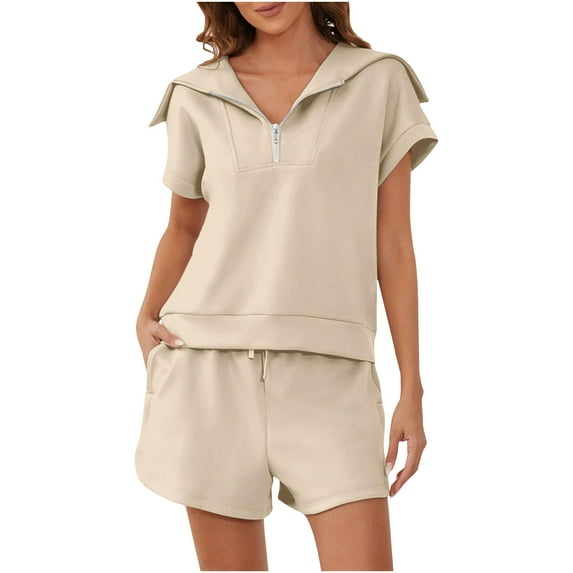 Shorts Sets Women 2 Piece Outfits Half Zipper Lapel Sweatshirt with Sweat Shorts Athletic Sweatsuit