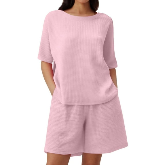 Shorts Sets Women 2 Piece Outfits Ice Silk Round Neck Short Sleeve Solid Breathable Sleepwear Tops Shorts Set Summer Outfits For Women Pink S
