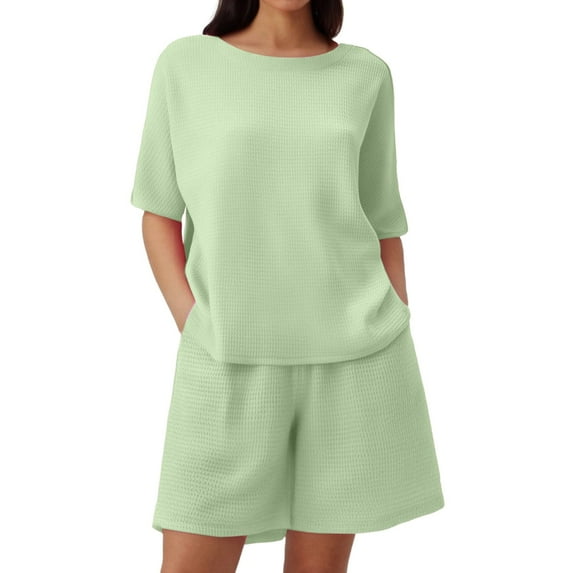 Shorts Sets Women 2 Piece Outfits Ice Silk Round Neck Short Sleeve Solid Breathable Sleepwear Tops Shorts Set Womens Summer Outfits Green S
