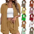 thumbnail image 1 of Shorts Sets Women 2 Piece Outfits Linen Button Down Shirt And Casual Shorts Sets Summer Travel Vacation Beach Matching,Light Brown L, 1 of 5