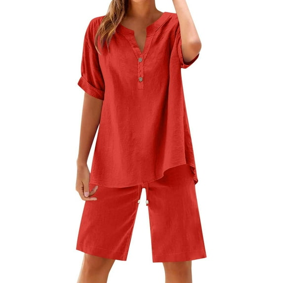 Shorts Sets Women 2 Piece Outfits Save on 2 Piece Sets for Women Summer V-Neck Short Sleeve Button-up Shirts Matching Two Piece Pajamas Shorts Set Beach Vacation Travel Outfits New Red L