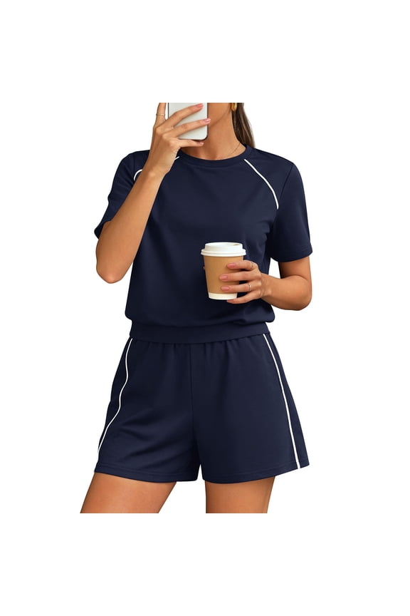 Shorts Sets Women 2 Piece Outfits Summer 2026 Matching Workout Athletic Clothing Casual Spring Travel Loungewear Navy M