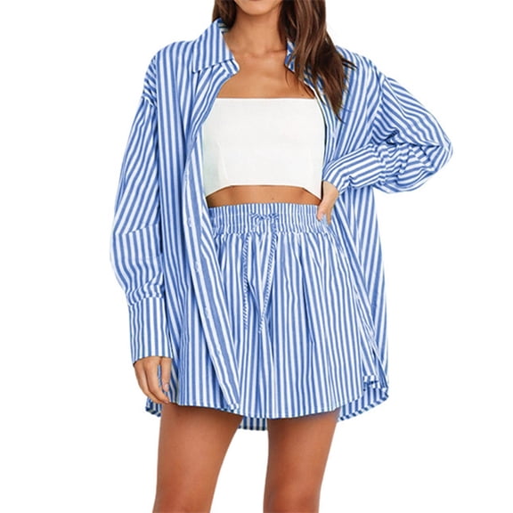 Shorts Sets Women 2 Piece Outfits Temperament Casual Long Sleeve Striped Button Down Shirts Lace Up Shorts Set Womens Summer Outfits Blue XL