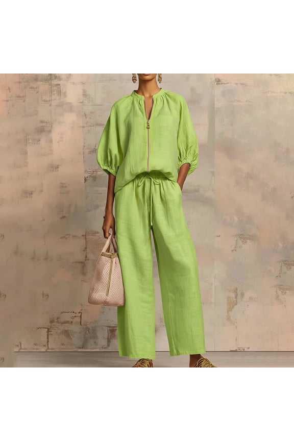 Shorts Sets Women 2 Piece Outfits (Wide Leg), Cotton Linen Zip Puff Sleeve Top and Drawstring Pants, Loose Two Piece Outfits with Side Pockets, Green S