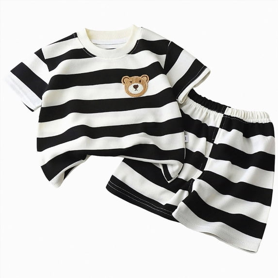 Shorts Sets for Boy Bear Embroidered Striped Polo & Shorts Casual Toddler Outfit (Black,18-24 Months)