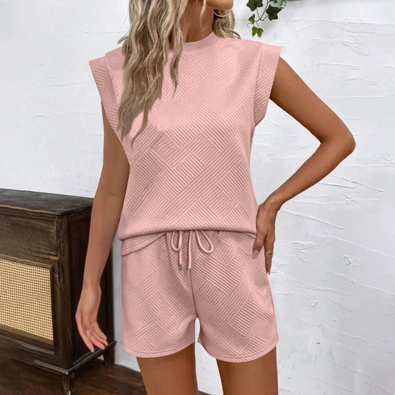 Shorts Sets for Women Texture Cap Sleeve Tops Matching Drawstring Shorts Casual Loose Workout Outfits Sweatsuit
