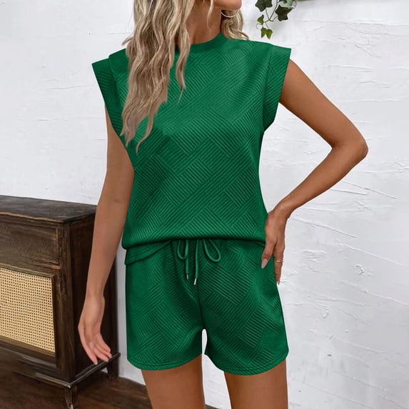 Shorts Sets for Women Texture Cap Sleeve Tops Matching Drawstring Shorts Casual Loose Workout Outfits Sweatsuit