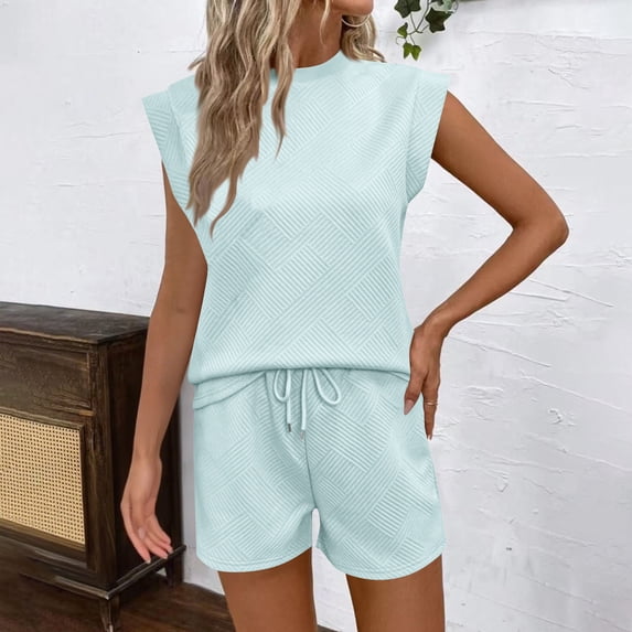 Shorts Sets for Women Texture Cap Sleeve Tops Matching Drawstring Shorts Casual Loose Workout Outfits Sweatsuit