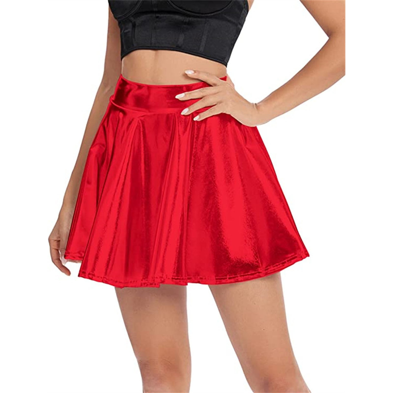 Shorts Skirts for Women Solid Shiny Flared Pleated Mini Skirt Sexy ...