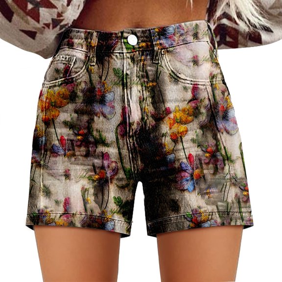Shorts for Women BWASD Casual Retro High Waist Button Printed Denim Shorts Loose Fit Beach Vacation Pants with Pockets Travel Going Out Wear 2033 (Grey,M)