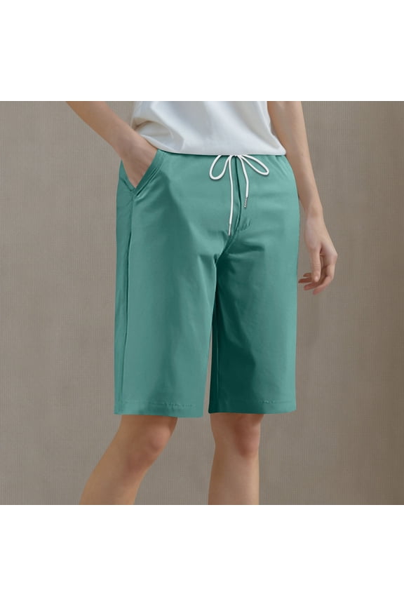 Shorts for Women under $5! Cagogo Women Casual Summer Bermuda Shorts Drawstring Elastic Waisted Lounge Walking Athletic Lightweight Short Pants Knee Length Beach Lounge Short with Pockets