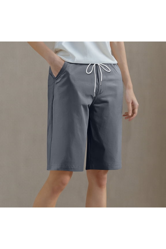 Shorts for Women under $5! Cagogo Women Casual Summer Bermuda Shorts Drawstring Elastic Waisted Lounge Walking Athletic Lightweight Short Pants Knee Length Beach Lounge Short with Pockets