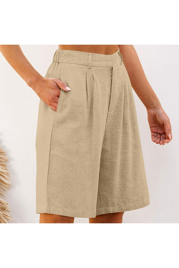 Shorts for Women under $5! Cagogo Women Wide Leg Linen Bermuda Shorts Dressy Casual Pleated Knee Length Loose Athletic Long Shorts High Waisted Summer Stretch Short Pants