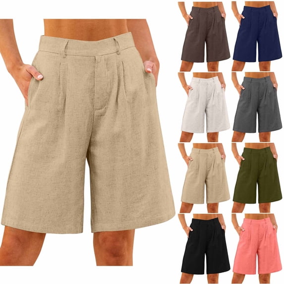 Shorts for Women Cotton Linen Pants Elastic Waist Womens Summer Knee Length Shorts Half Pant Casual Short Loose Fit Wide Leg Beach Activewear Fitness Sport with Pockets