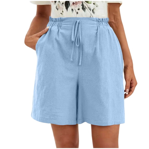 Shorts Women with Pockets Women's Wide Leg Shorts Fashion Comfy Drawstring Elastic Waist Loose Shorts Lightweight Faux Linen Shorts with Pockets ,Light Blue,M