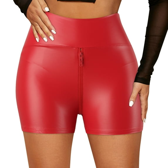 Shorts for Women Summer Elastic High Waisted Pants Leggings Stretch Waisted High Leather Pleather Pants Zip Open Crotch Pants Trendy Casual Shorts XS-XL