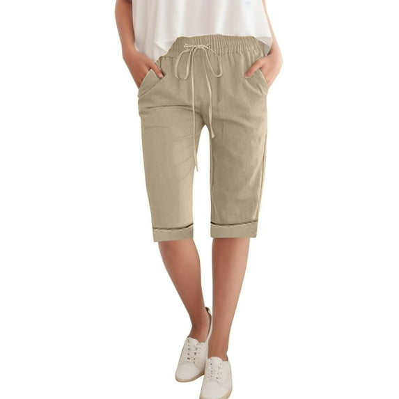 Shorts for Women Summer Elastic High Waisted Solid Color Drawstring Cotton Loose Straight Home Capris Baggy Dressy Casual Womens Jorts with Pockets S-2XL