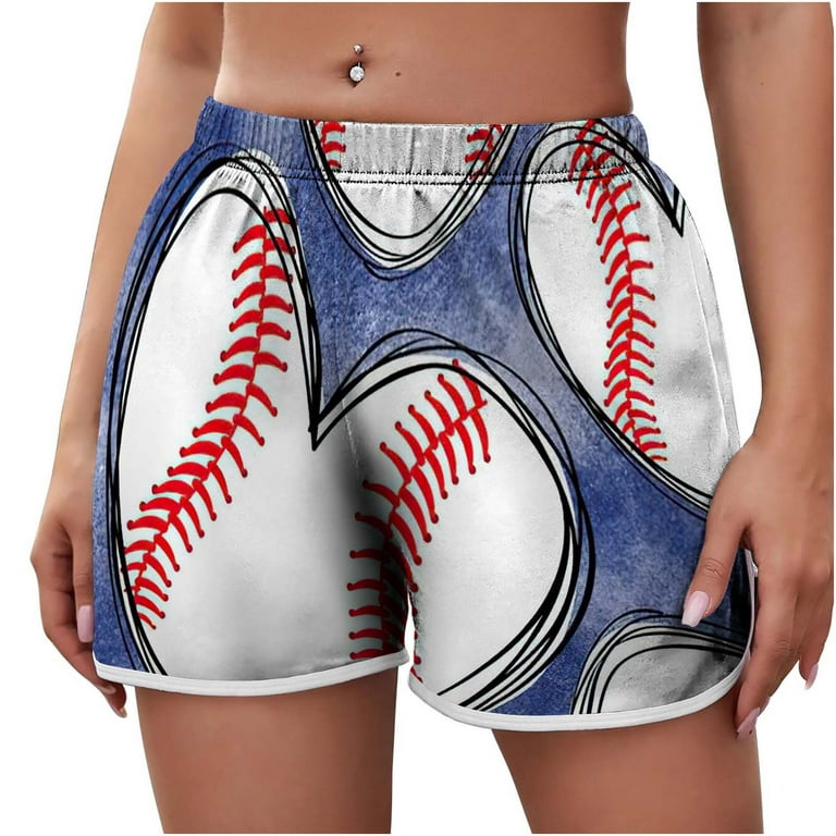 Wenini Hot6sl Shorts for Women, Women's Lightweight Summer Casual Elastic Waist Baseball Print Shorts Baggy Comfy Beach Shorts #3, Size: Large