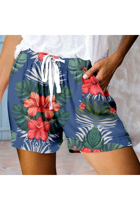 Shorts for Women's Casual Print Pocket Loose Lace Up High Waisted Sports Shorts for Women Lightweight Athletic Shorts with Hidden Pockets and Breathable Blue S