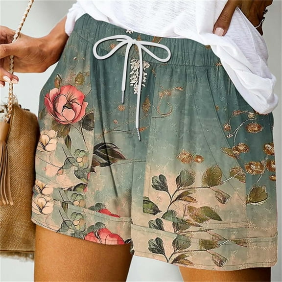 Shorts Womens Summer Drawstring Cotton Elastic High Waist Printed Casual Ladies Shorts with Pockets Multicolor L