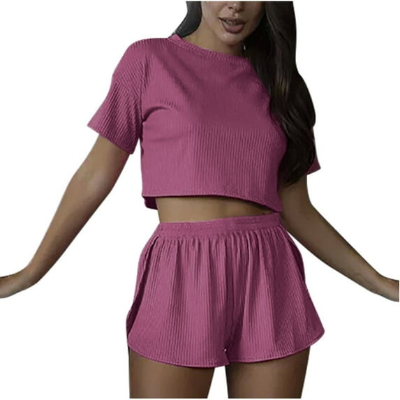 Shorts and T Shirt Set Women Summer Lounge Sets Short Sleeve Crop Top with Short Pant Loungewear