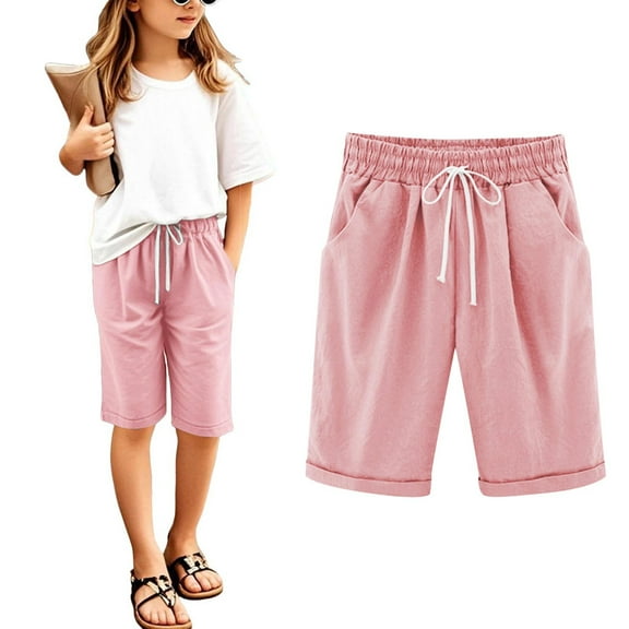 Shorts for Girls Size 14-16 Girls Bermuda Shorts Knee Length Straight Leg Long Shorts Loose Casual Solid Drawstring Elastic Waist Short Pants