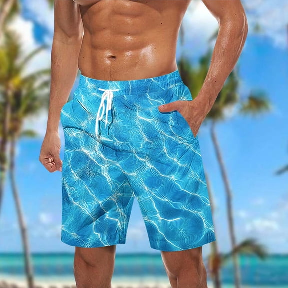 Shorts for Men Beach Shorts Hawaiian Print Pockets Casual Elastic Waist Drawstring Beach Shorts Sky Blue XXL