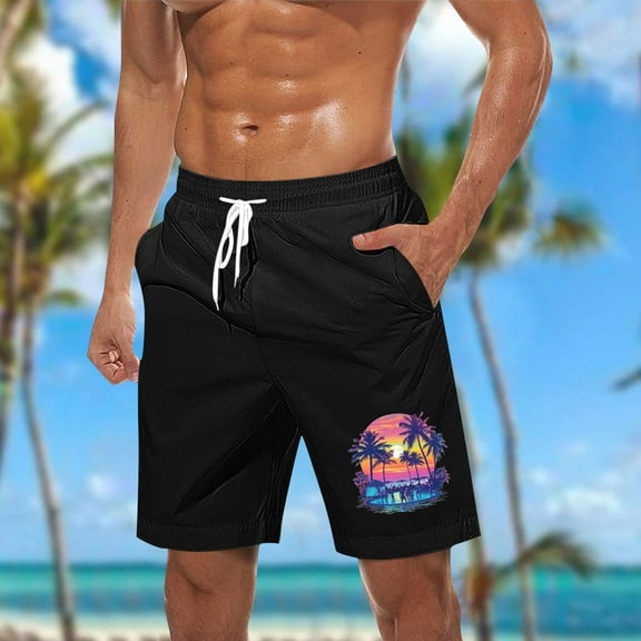 Shorts for Men Casual Hawaiian Print Elastic Waist Drawstring Beach Shorts Black XXL