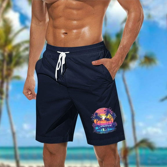 Shorts for Men Casual Hawaiian Print Elastic Waist Drawstring Beach Shorts Dark Blue M