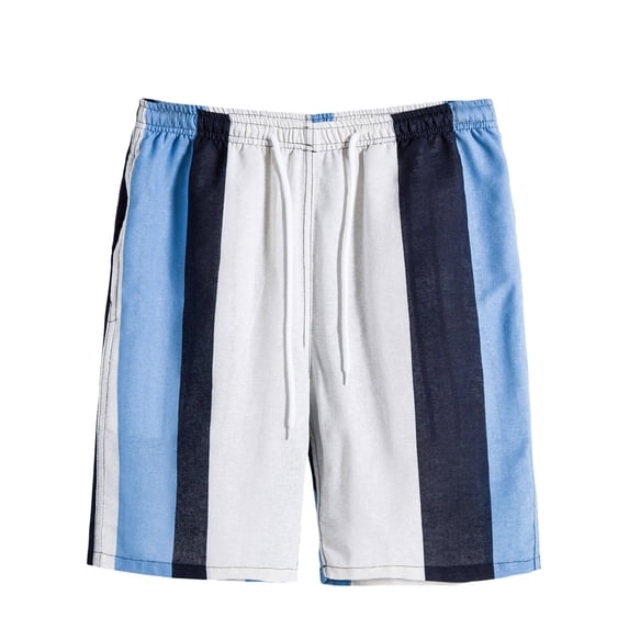 Shorts for Men Casual Men's Casual Cotton Linen Colorblock Striped Drawstring Mid Waist Shorts with Pocket for Summer Blue L