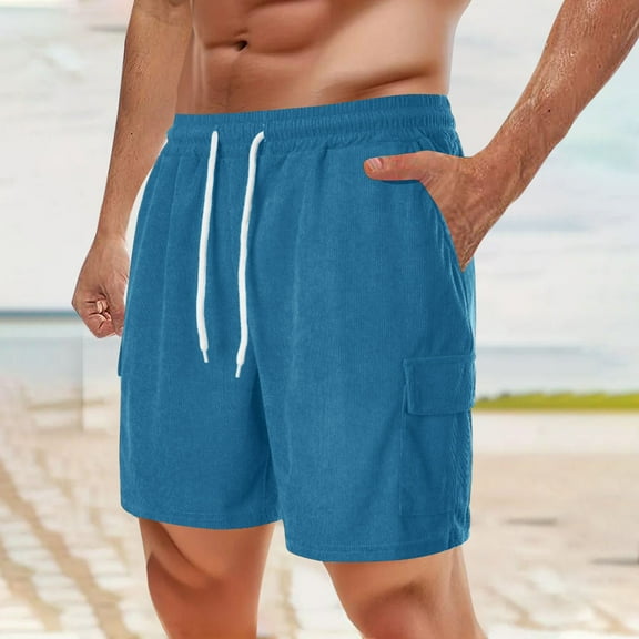 Shorts for Men Drawstring Elastic Waist Corduroy Solid Color Casual Draw Rope Waist Pockets Workwear Shorts Blue XXL