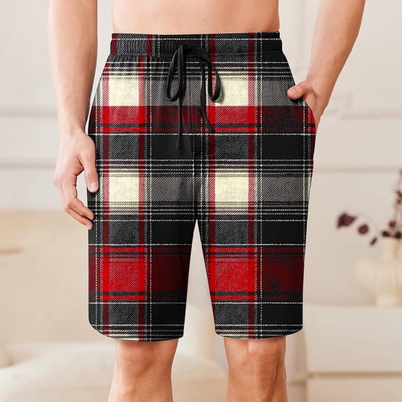 Shorts for Men Drawstring Elastic Waist Plaid Pocket Sleep Shorts Casual Lounge Bermuda Shorts Black XXL