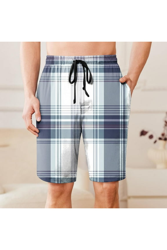 Shorts for Men Drawstring Elastic Waist Plaid Pocket Sleep Shorts Casual Lounge Bermuda Shorts Blue M