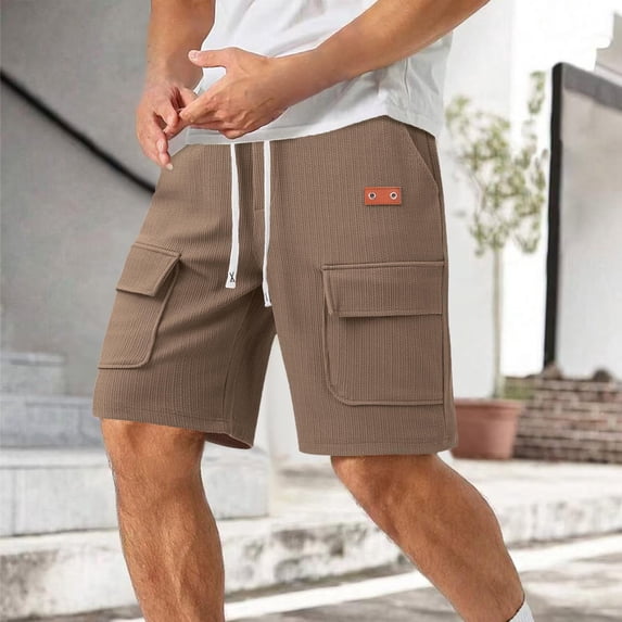Shorts for Men Drawstring Elastic Waist Solid Color Casual with Pockets Lacing Waist Shorts Khaki M