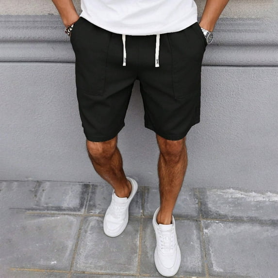 Shorts for Men Drawstring Summer Retro Shorts Solid Color Casual Pants Shorts Black XL