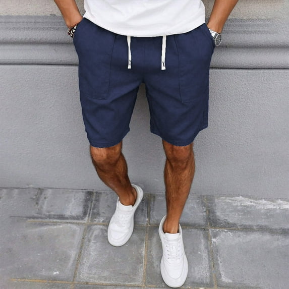 Shorts for Men Drawstring Summer Retro Shorts Solid Color Casual Pants Shorts Navy S