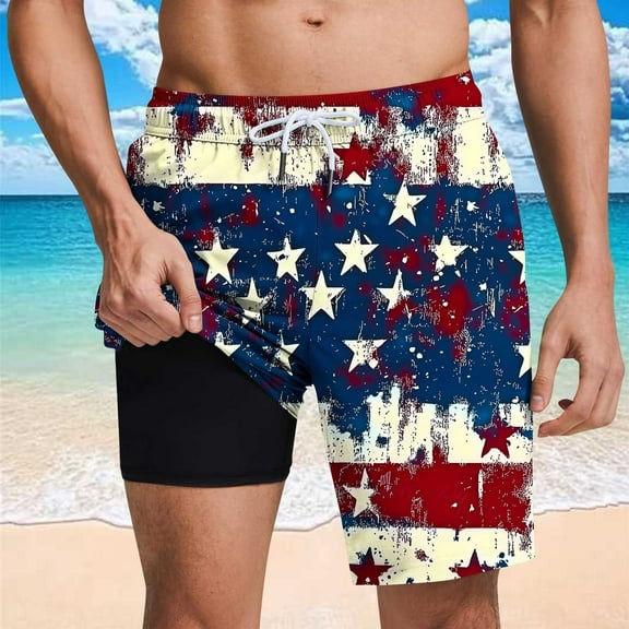 Shorts for Men Elastic Waist Independence Day Print Casual Shorts with Pockets Beach Pants Blue XXL